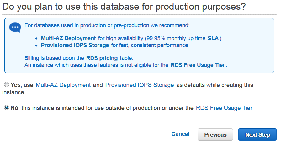 confirmation screen asking if database is used for production purposes