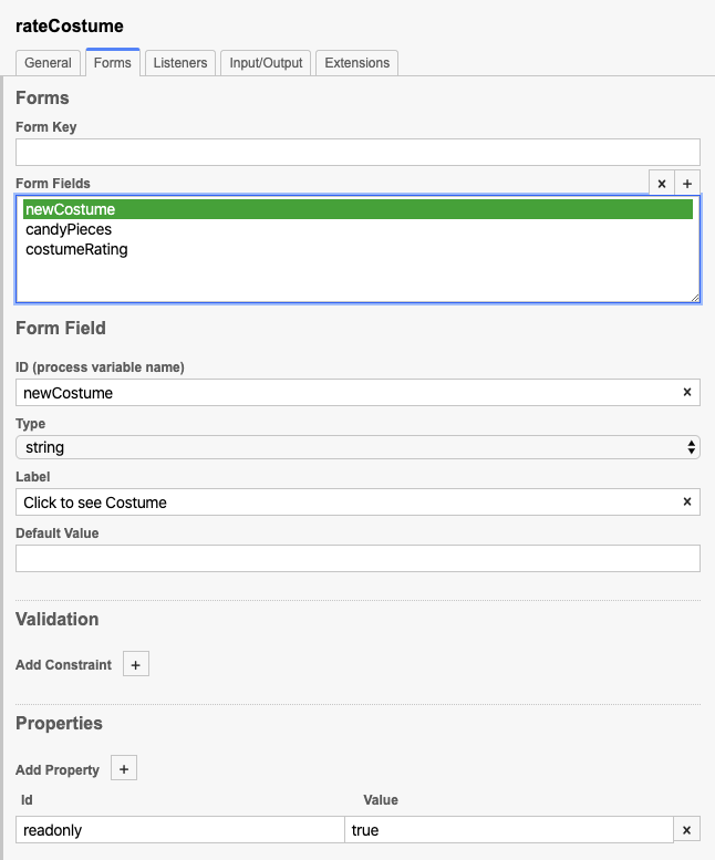 Adding Form field newCostume in the form builder