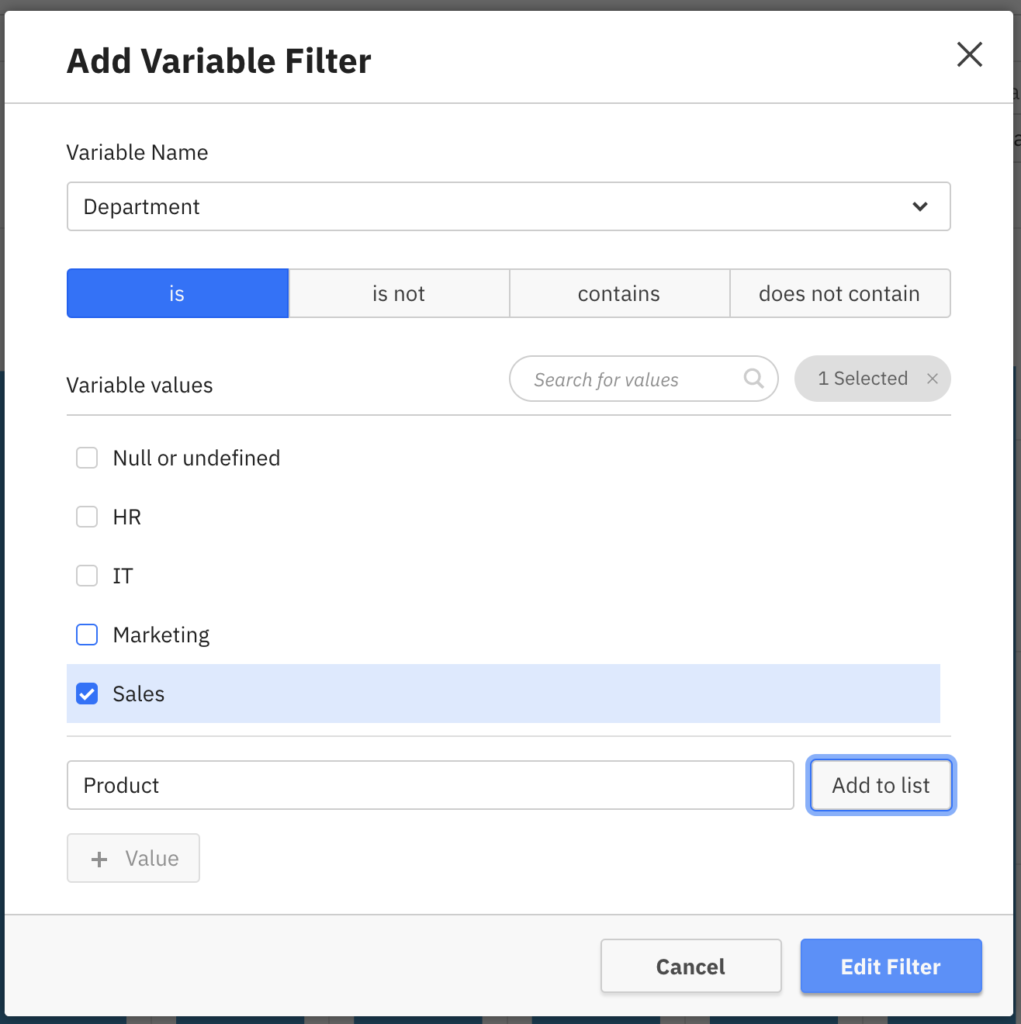 Adding variable filter screenshot