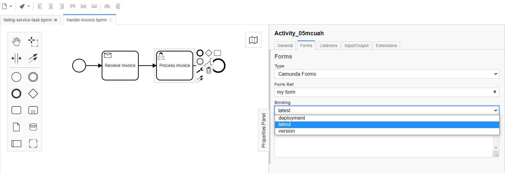 A screenshot of Tasklist showing how to bind a user task to forms