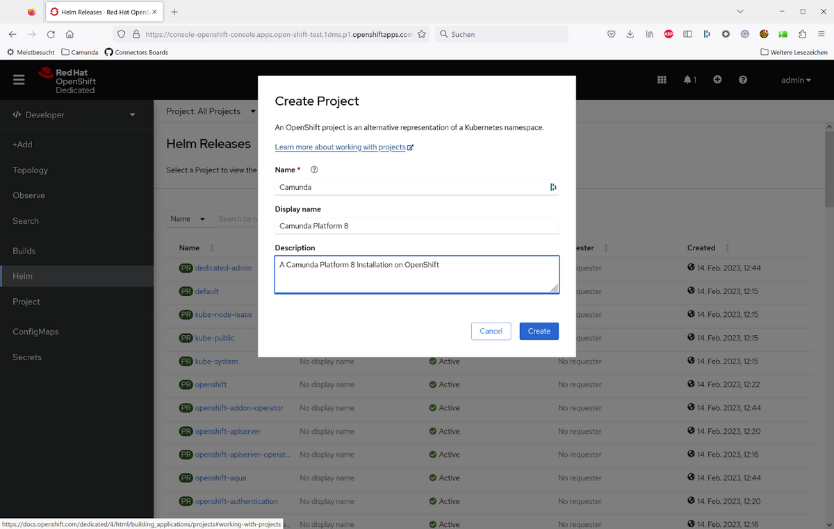 Creating a Project in OpenShift named "Camunda"