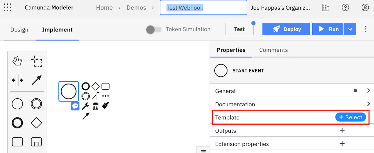 Selecting Inbound Webhook Connector from the available templates in Web Modeler.