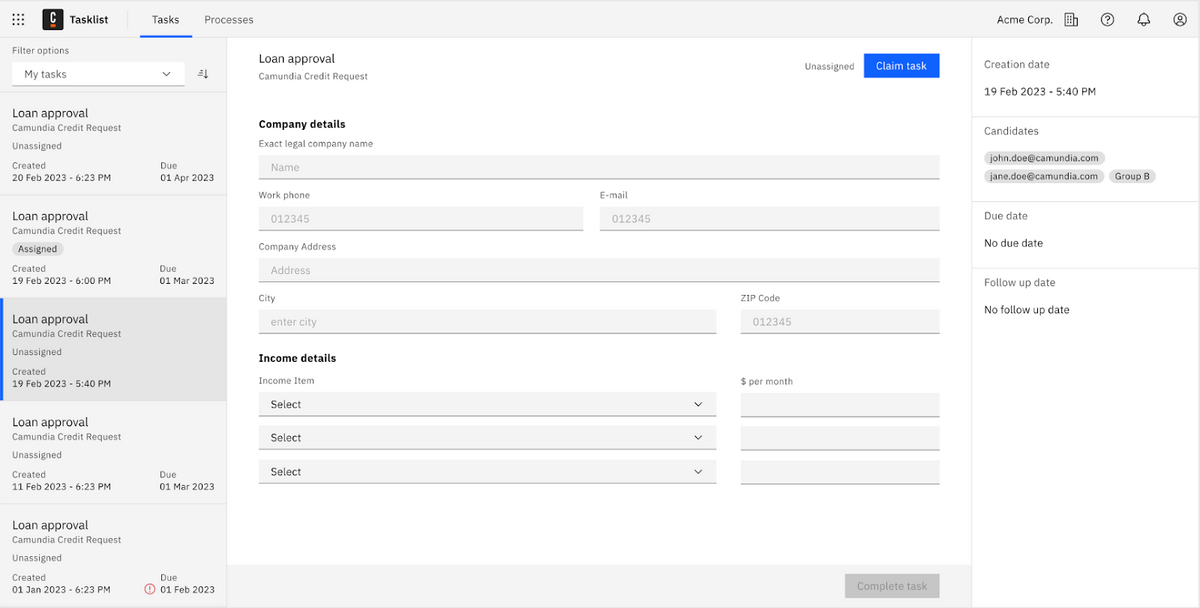 A user task form created in Camunda Forms.
