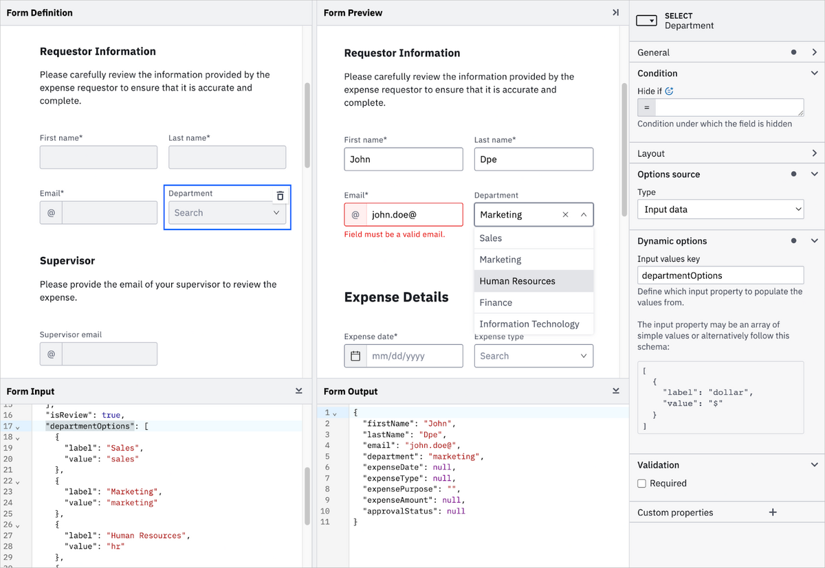 A side-by-side view of a form in design and in a live preview. It highlights, for example, that the email field with sample text in the preview must follow validation requirements.