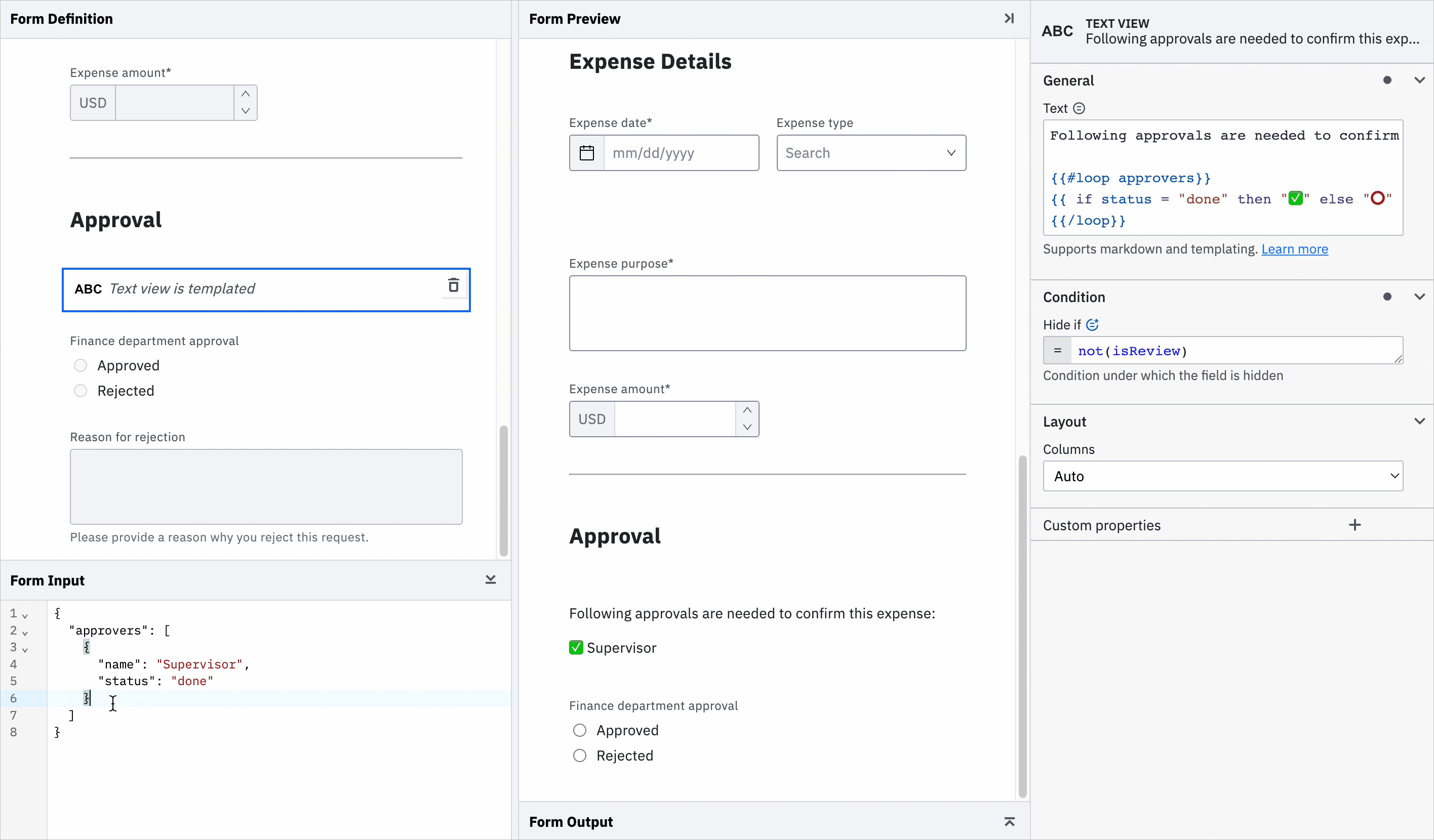 Adding a "finance team" checkbox option to an approval form, viewed in a side-by-side preview with the code on the left and the live preview in the center immediately showing the addition.