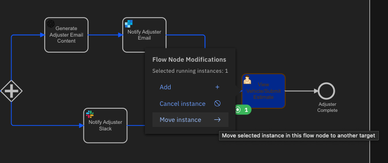 Selecting the modify a process instance with a move