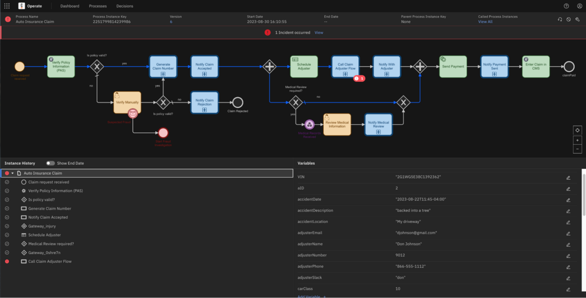 Process Instance displayed in Operate depicting incident at a task.